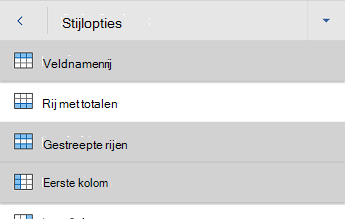 menu opties voor Word voor Android tabelstijl