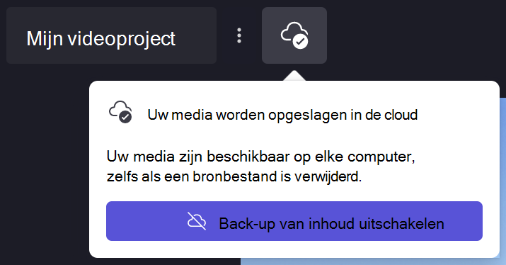 Afbeelding van het dialoogvenster back-up van Clipchamp inhoud