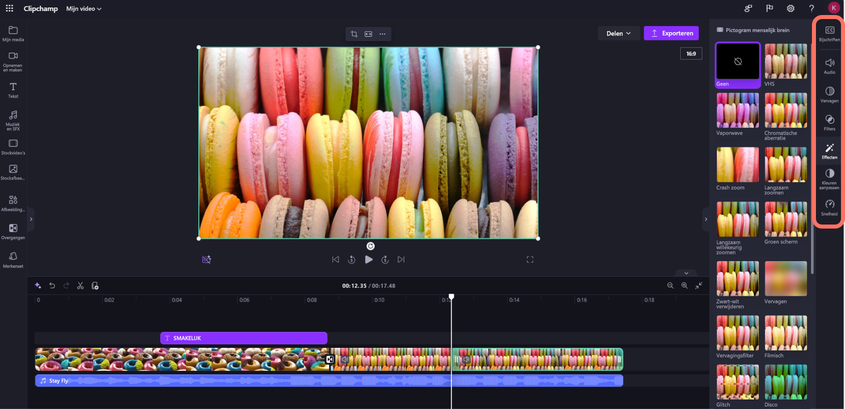 Een schermopname van een Clipchamp-gebruiker voor werkaccounts die op het tabblad Effecten in het eigenschappenvenster klikt.