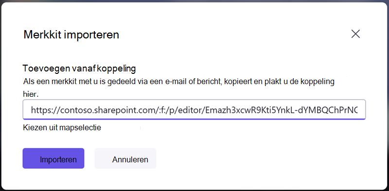 Importeer een merkkit door een koppeling voor delen in te voeren die u van iemand anders hebt ontvangen.