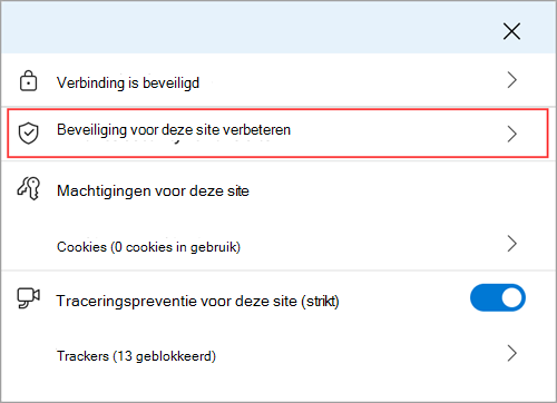 Het menu Site-informatie van Microsoft Edge met de functie Beveiliging voor deze site verbeteren.