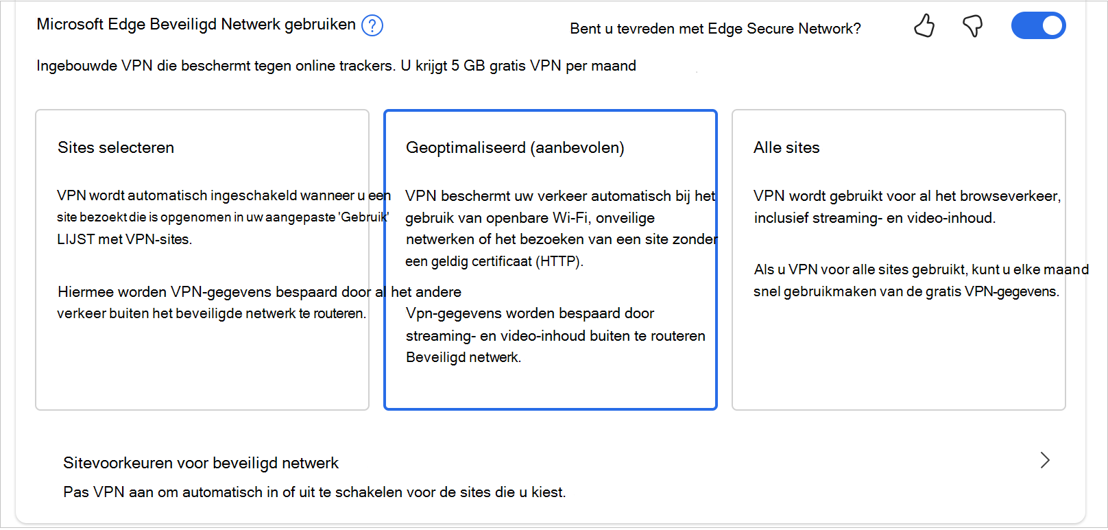 Schermopname van de opties in MicrosoftEdgeSecureNetwrok