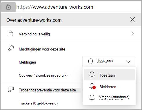 Afbeelding van de machtigingen voor meldingen in de adresbalk van de Edges-browser.