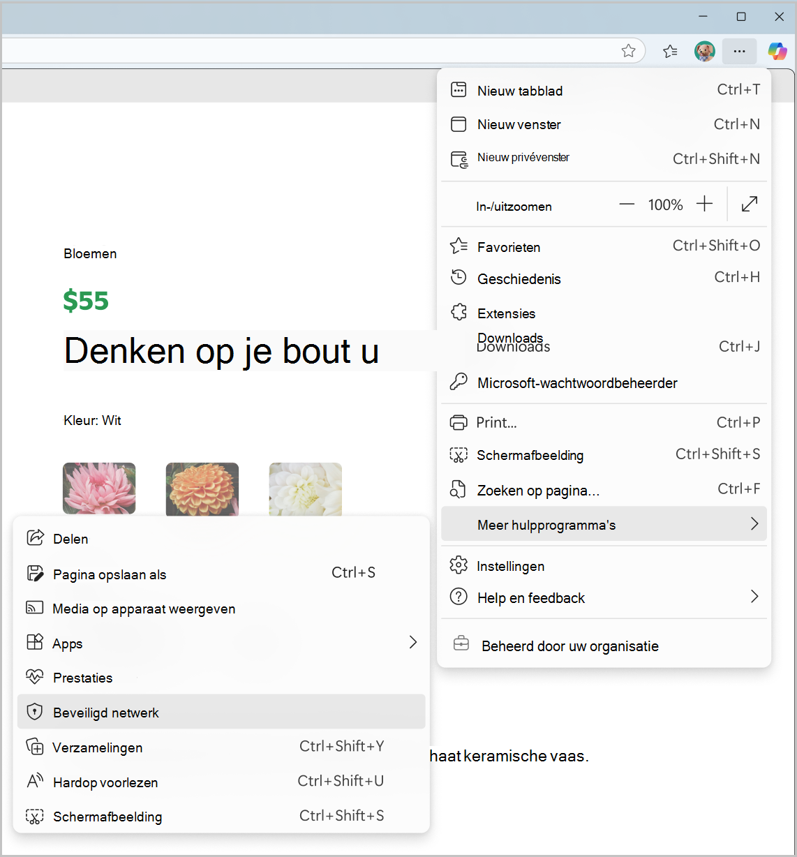 Schermopname van beveiligd netwerk in het menu Instellingen en meer