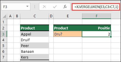 Een Excel-tabel met verschillende fruitproducten van cel C3 tot C7. De formule XMATCH wordt gebruikt om de positie in de tabel te vinden waar de tekst overeenkomt met gra (gedefinieerd in cel E3). De formule retourneert 2 als de tekst Druif zich op positie 2 in de tabel bevindt.