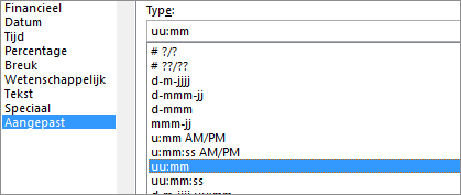 Dialoogvenster Cellen opmaken, aangepaste opdracht, h:mm-type