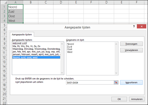 Dialoogvenster Aangepaste lijst van bestandsopties >> Geavanceerd > algemeen > aangepaste lijsten bewerken. Klik voor Excel 2007 op de Office-knop > Excel-opties > Populair > Aangepaste lijsten bewerken.