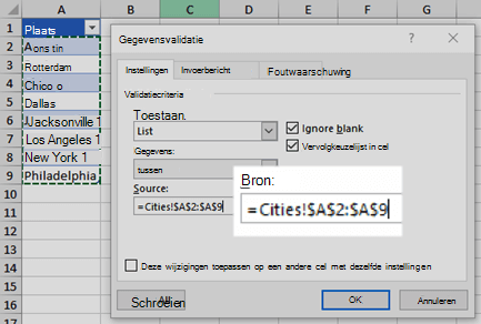 Opties in gegevensvalidatielijst