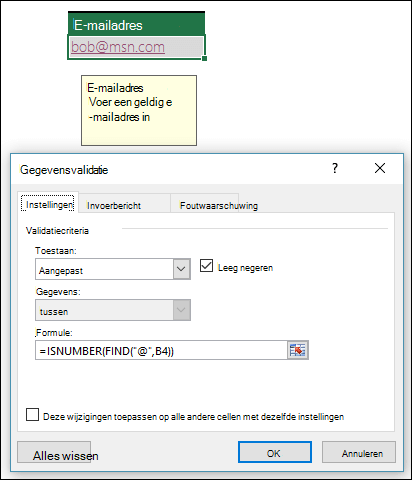 )Voorbeeld van gegevensvalidatie die ervoor zorgt dat een e-mailadres het @-symbool bevat