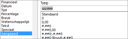 Dialoogvenster Cellen opmaken, aangepaste opdracht, [h]:mm type