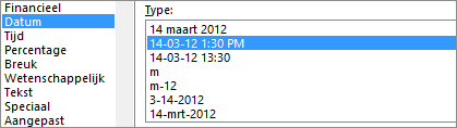 Dialoogvenster Cellen opmaken, datumopdracht, 14-03-12 13:30 PM type