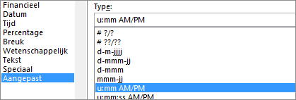 Dialoogvenster Cellen opmaken, aangepaste opdracht, u:mm AM/PM-type