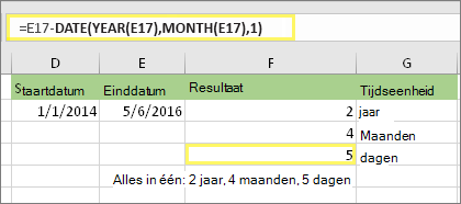 =DATUMVERSCHIL(D17,E17,md) en resultaat: 5