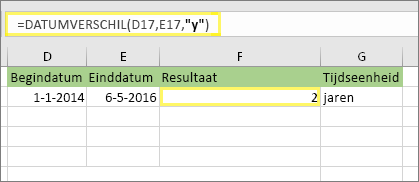 =DATUMVERSCHIL(D17,E17,y) en resultaat: 2