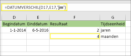 =DATUMVERSCHIL(D17,E17,ym) en resultaat: 4