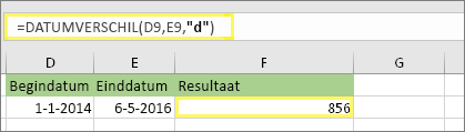 =DATUMVERSCHIL(D9,E9,d) met resultaat van 856