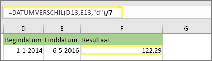 =(DATUMVERSCHIL(D13,E13,d)/7) en resultaat: 122,29