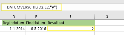 =DATUMVERSCHIL(D2,E2,y) en resultaat: 2