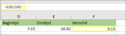 =E80-D80 en resultaat: 9:15 uur