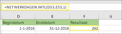 =NETWORKDAYS. INTL(D53,E53,1) en resultaat: 261