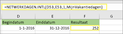 =NETWORKDAYS. INTL(D53,E53,1,MyHolidays) en resultaat: 252