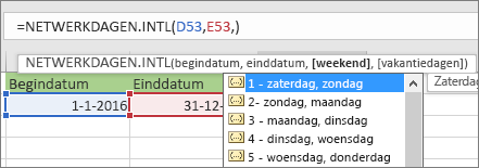 IntelliSense-lijst met 2 - zondag, maandag; 3 - maandag, dinsdag, enzovoort