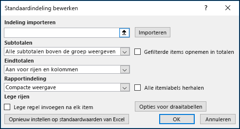 Standaardopties voor draaitabellen