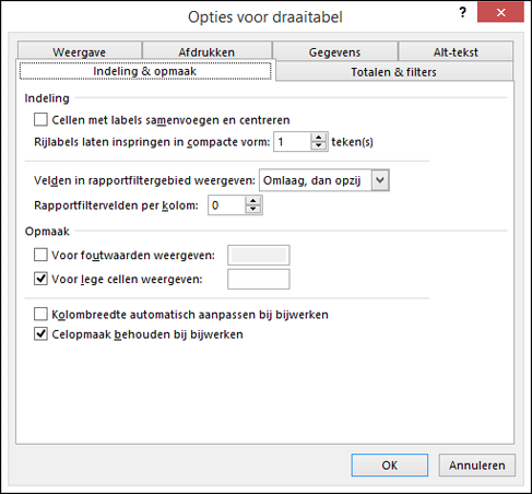 Dialoogvenster Opties voor draaitabel