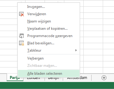 In het snelmenu is Alle bladen selecteren geselecteerd.