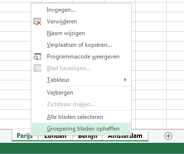 In het snelmenu is Groepering bladen opheffen geselecteerd.