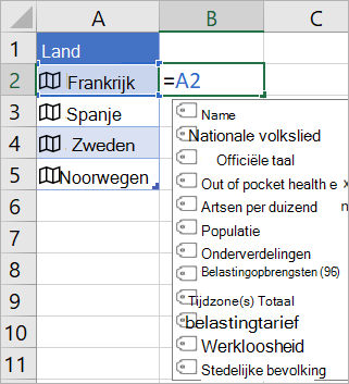Cel A2 bevat Frankrijk; Cel B2 bevat =A2. en het menu Formule automatisch aanvullen wordt weergegeven met velden uit gekoppelde record