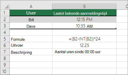 Voorbeeld: uren converteren van de standaardtijdnotatie naar een decimaal getal