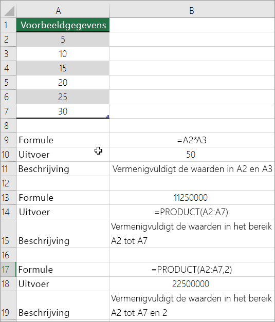 Getallen vermenigvuldigen met de functie PRODUCT
