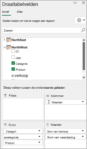 De lijst met velden voor meerdere tabellen