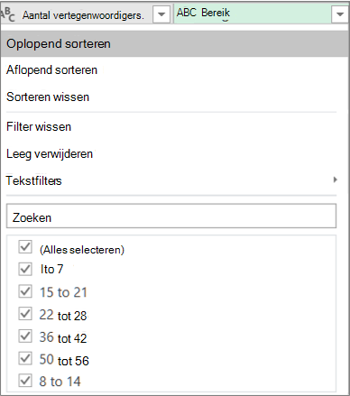 Het AutoFilter gebruiken om de gemaakte bereiken te bekijken