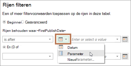 Een parameter invoeren in het dialoogvenster Filter