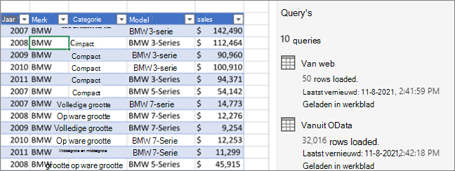 Weergave van een query en het taakvenster Query's