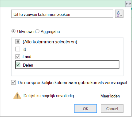 de gestructureerde tabel uitbreiden naar de querytabel