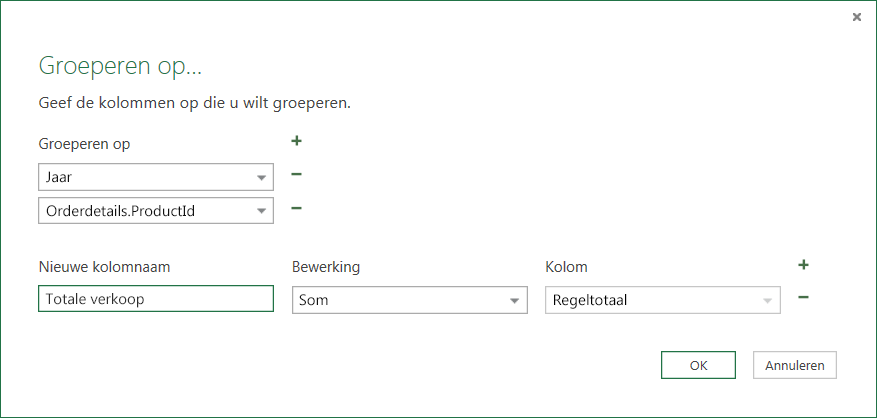 Dialoogvenster Groeperen op voor aggregatiebewerkingen