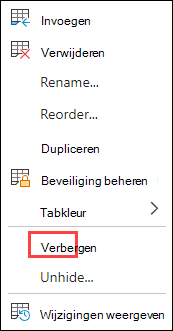 Tabblad verbergen in webversie van Excel.