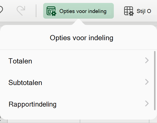 Vervolgkeuzelijst draaitabelindeling op iPad.