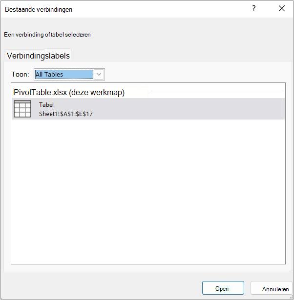 Tabblad Tabellen in het dialoogvenster Bestaande verbindingen