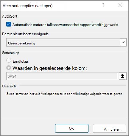 Dialoogvenster Meer sorteeropties