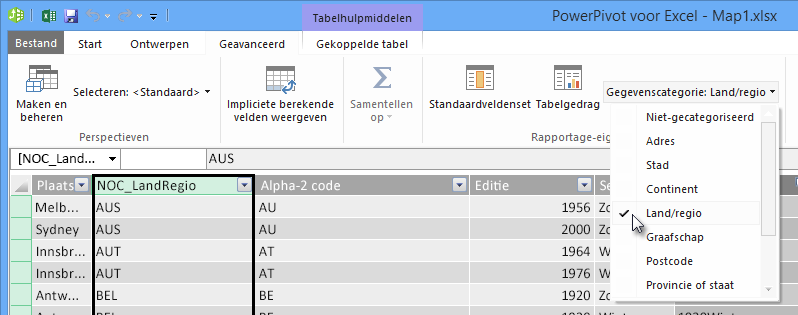 Gegevenscategorieën in PowerPivot