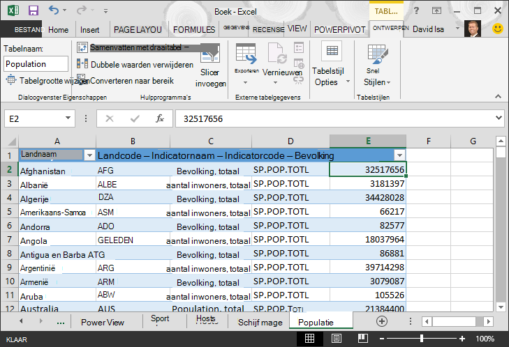 Bevolkingsgegevens overgebracht naar Excel