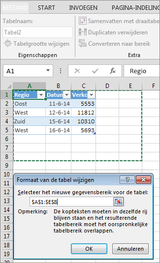 Tabelgrootte wijzigen