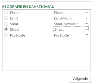 Geografie en het kaartniveau in het taakvenster