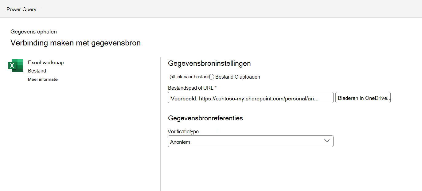 Het menu met instellingen voor de gegevensbronverbinding,
