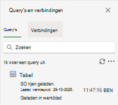 Het deelvenster Query's en verbindingen met één query en de resultaten.