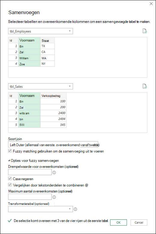 Power Query opties voor fuzzy samenvoegen